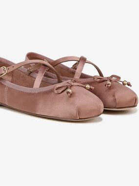 Sam Edelman Satin Mauve Ballet Flats with Cross Straps & Bead Bows